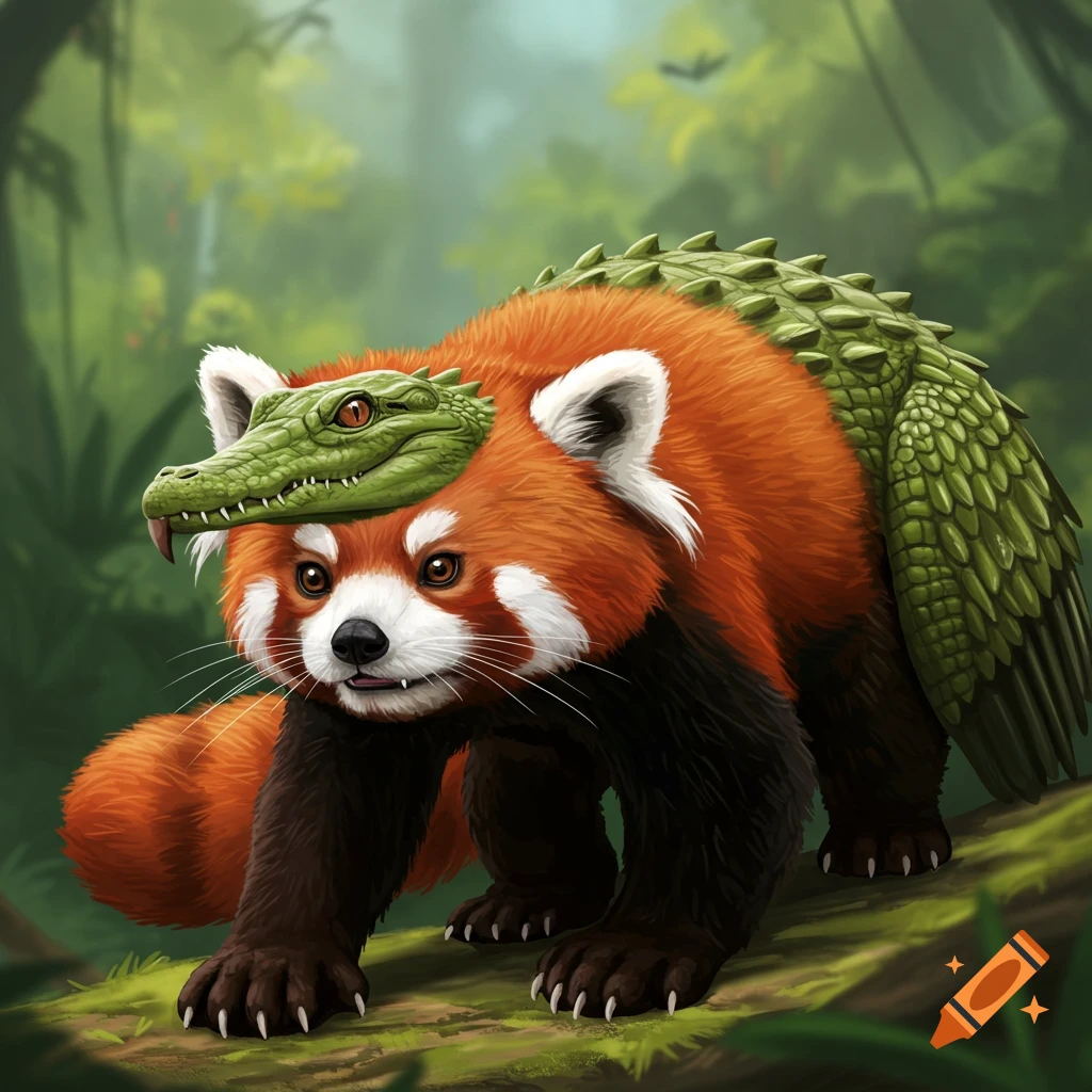 A red panda hybrid creature with an alligator head and vulture wings is in a jungle.