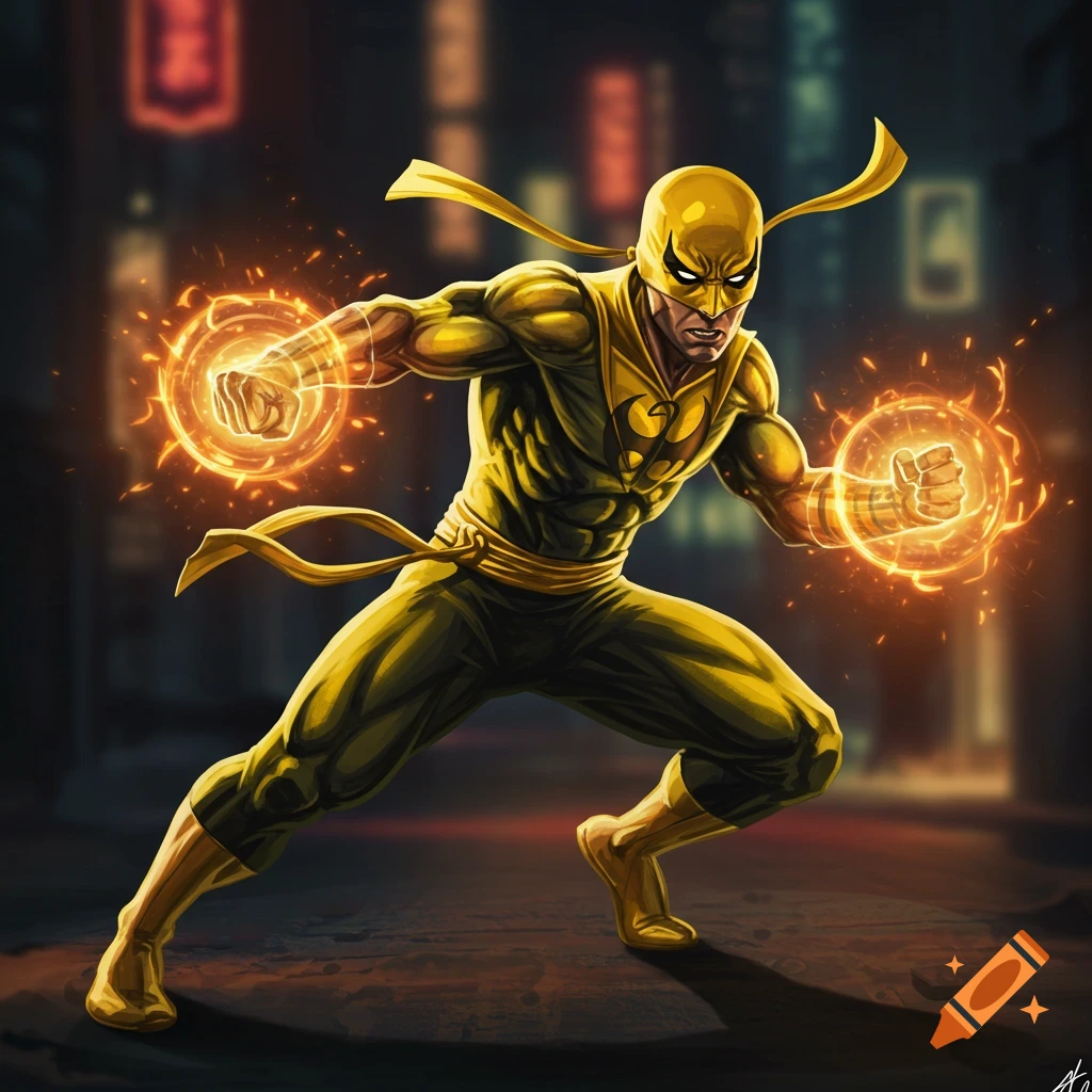 Digital art of the superhero Iron Fist in a yellow costume powering up his glowing fists in a city alley.