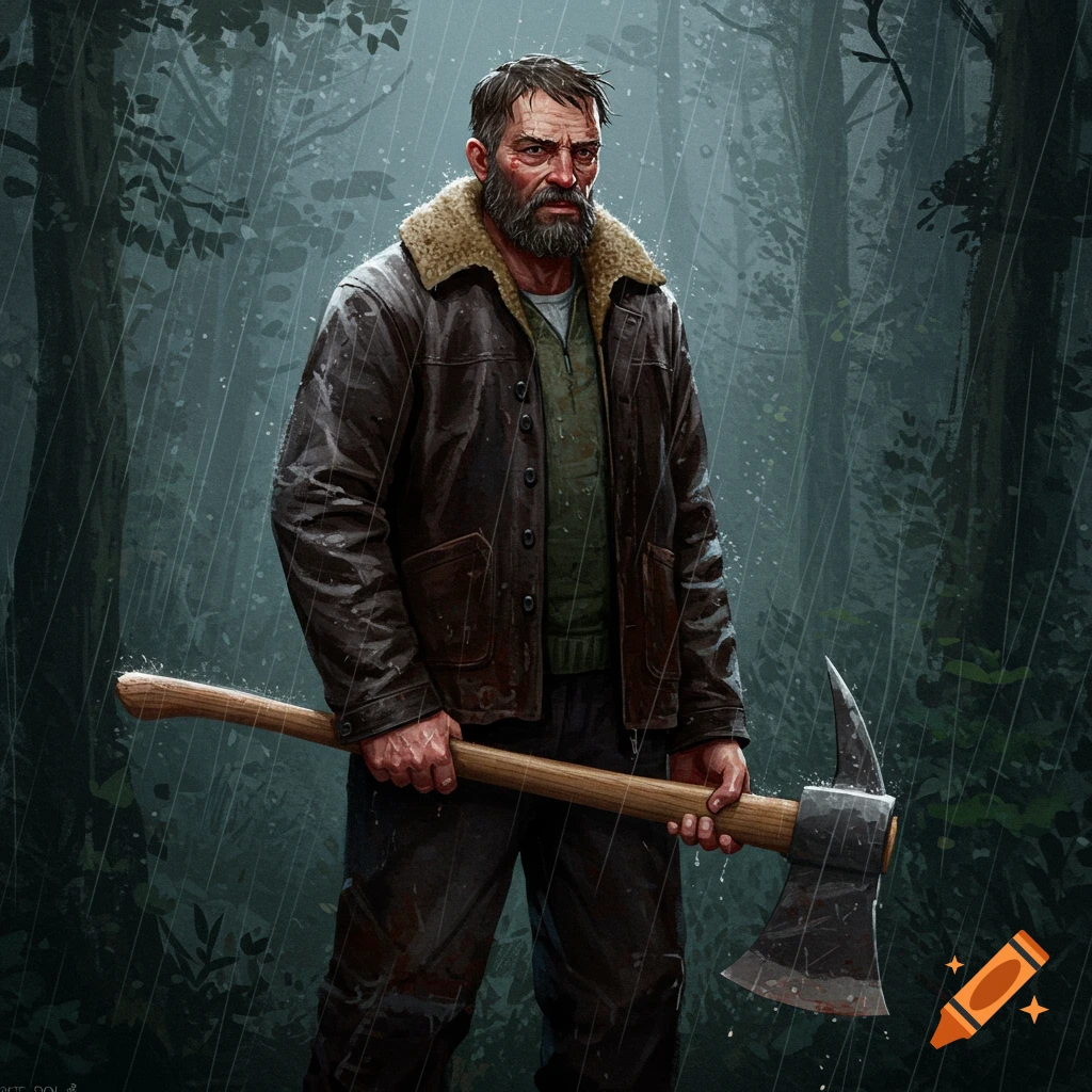 A rugged man with an axe stands in a dark, rainy forest.