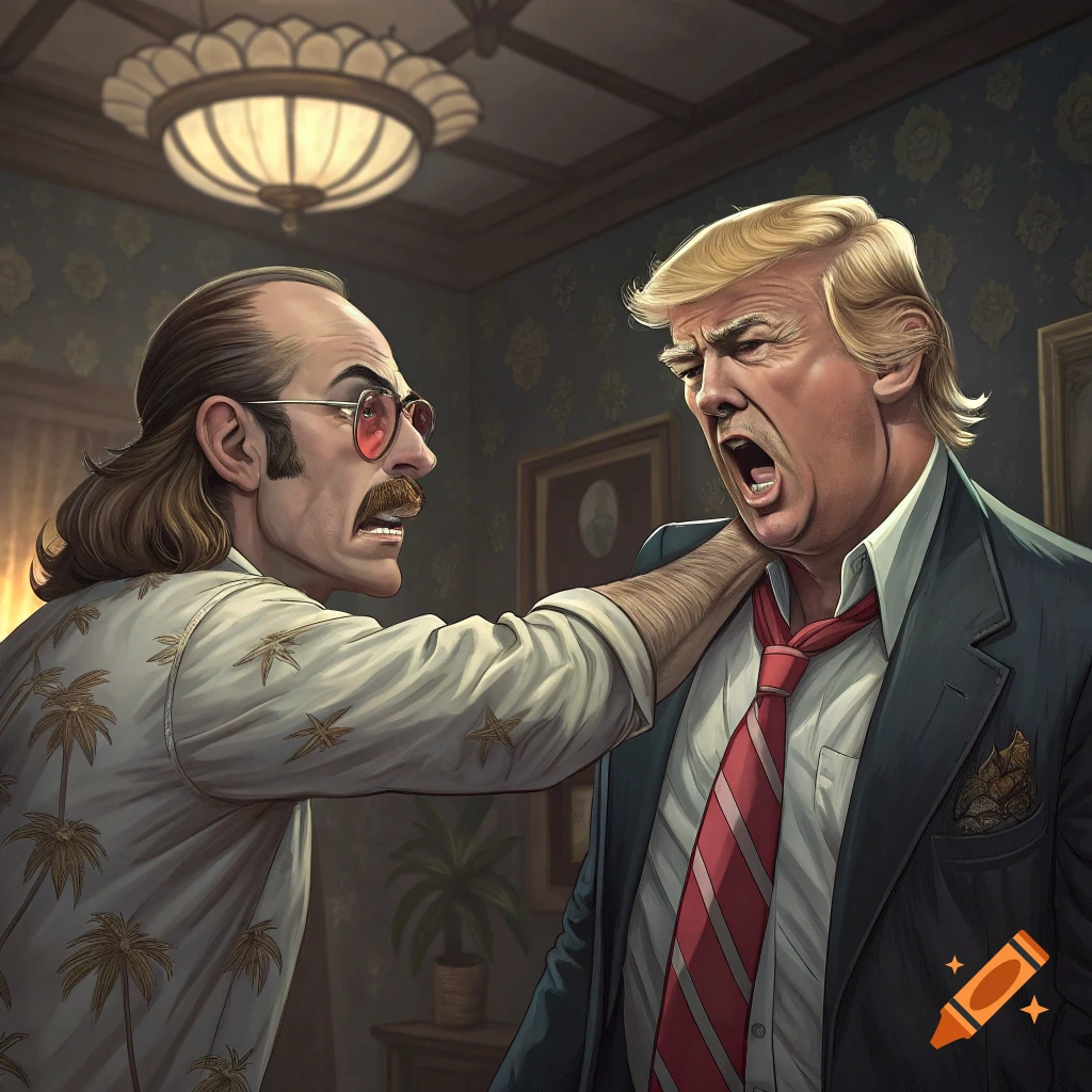 A stylized illustration of a man resembling Hunter S. Thompson grabbing the neck of a man resembling Donald Trump.