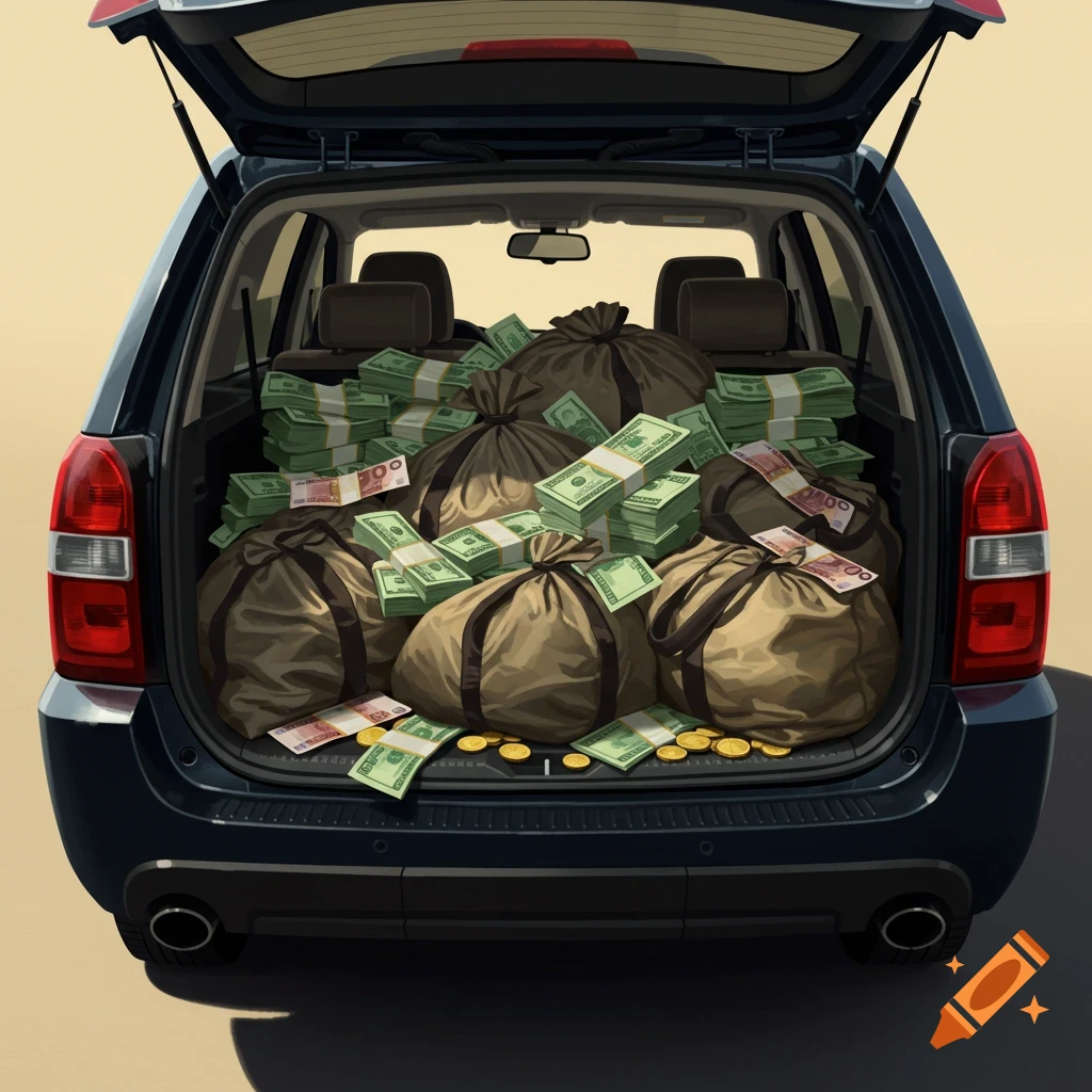 An SUV trunk overflowing with money bags and stacks of cash.