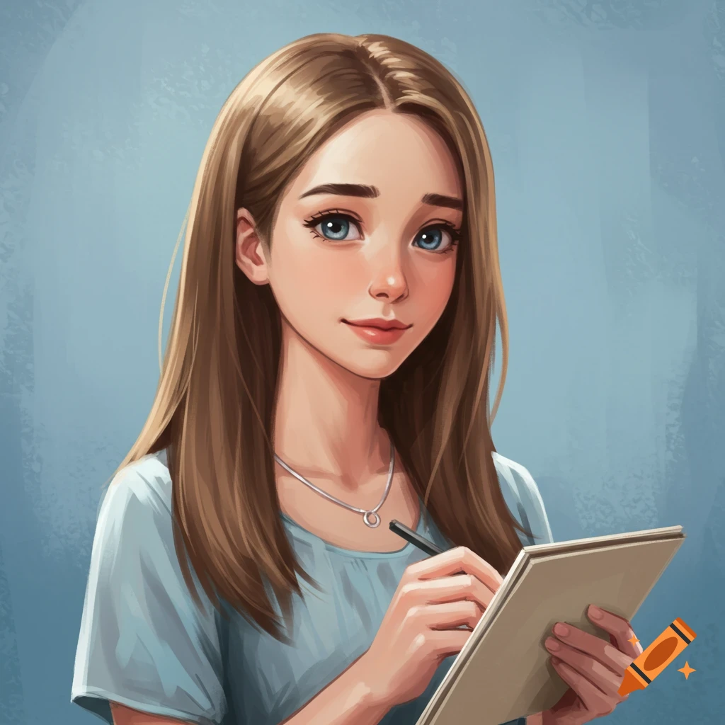A young woman with long brown hair is writing in a notebook.