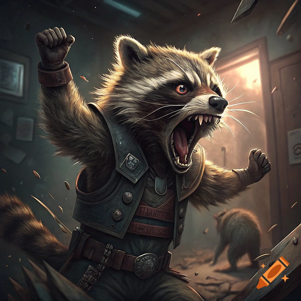An angry raccoon character in armor yells with raised fists in a room.