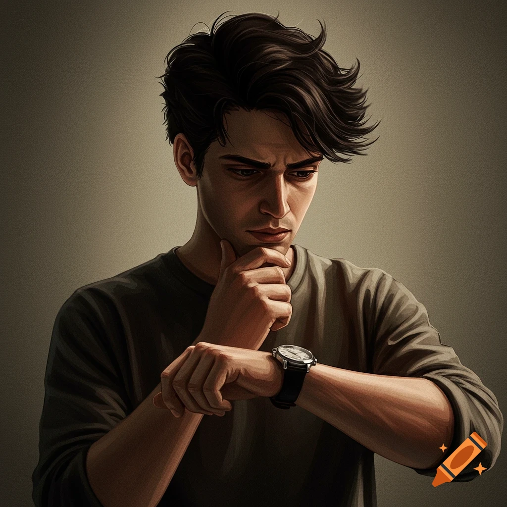 A man is looking intently at his wrist watch, hand on chin.