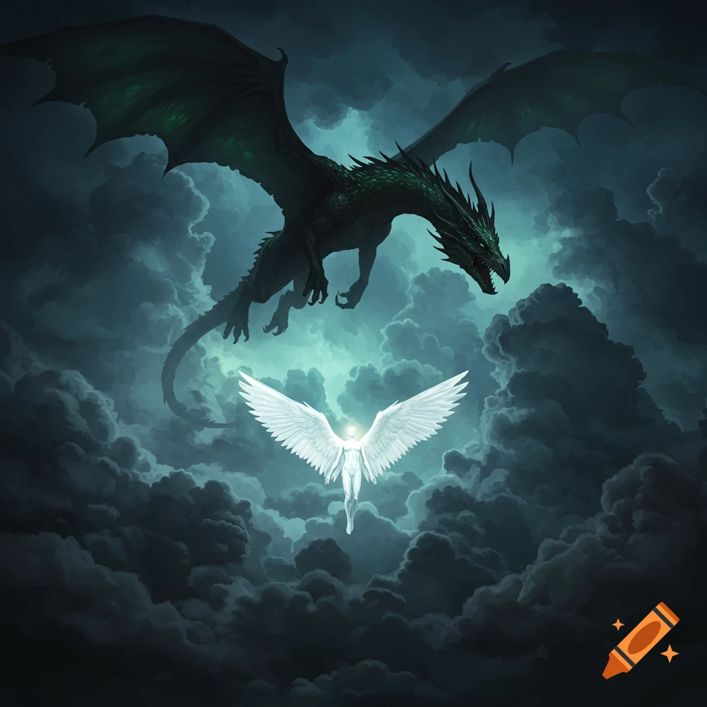 A dark green dragon flies above a glowing white angel in a stormy, dark sky.
