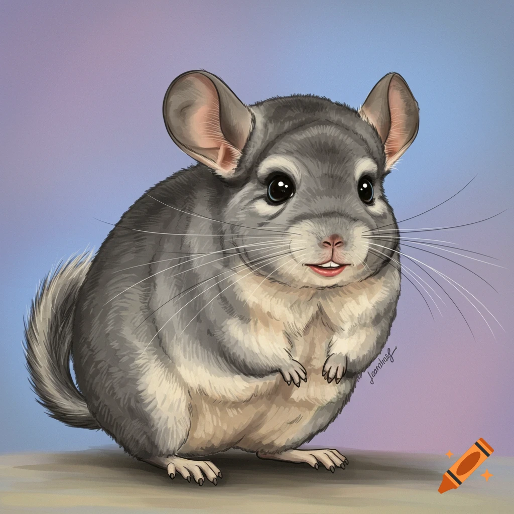 A cute grey chinchilla with a human smile is standing on a surface against a gradient background.