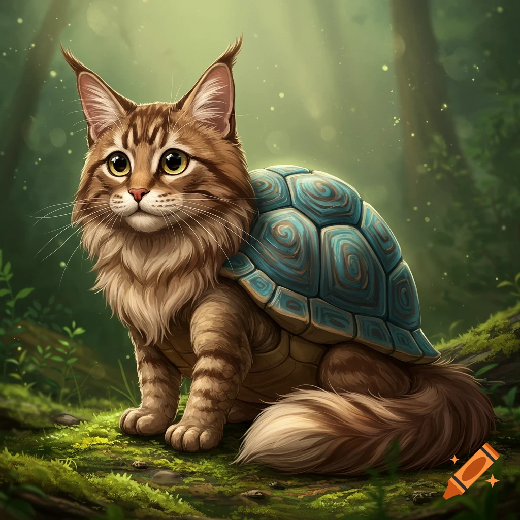 A cute cat-turtle hybrid sits on mossy ground in a sun-dappled forest.