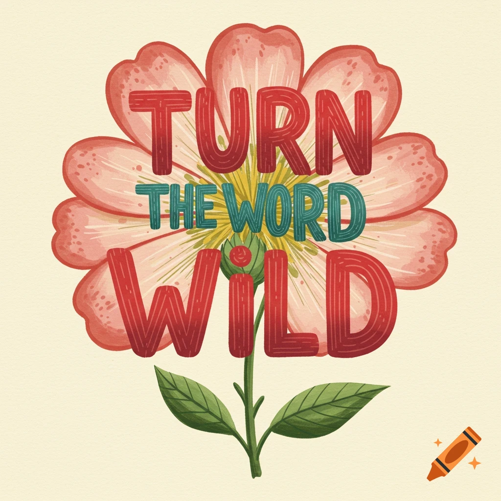 A watercolor-style digital illustration of a flower with "TURN THE WORD WILD" as the petals and stem.