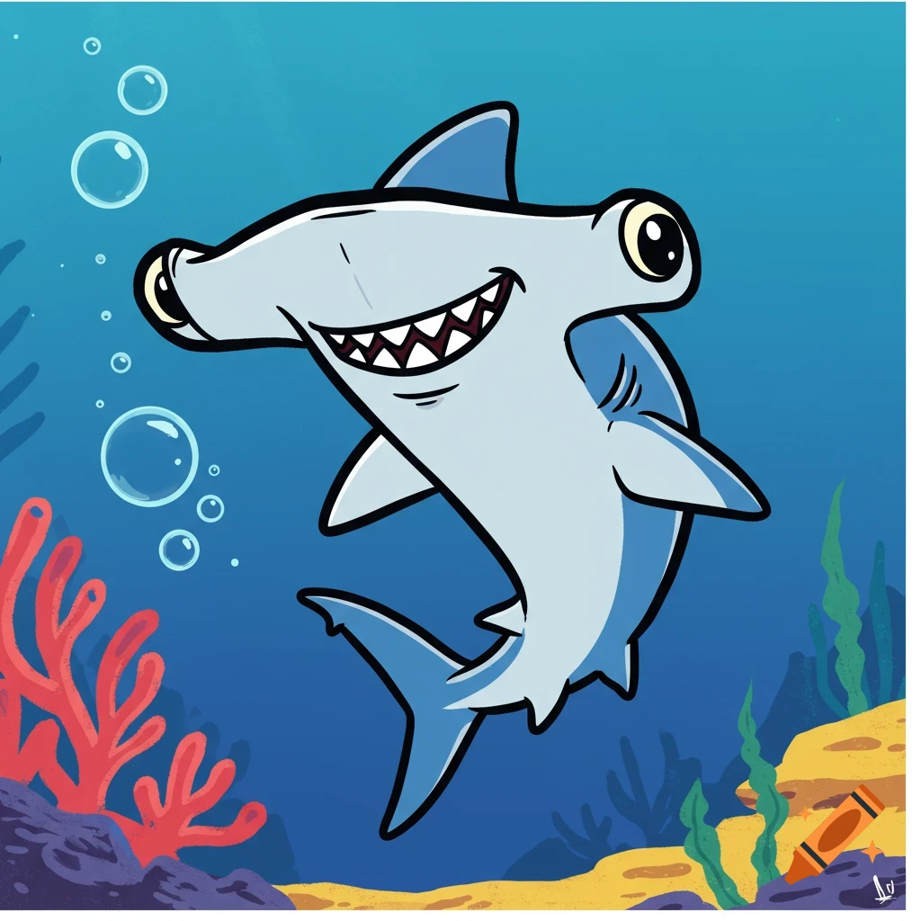 A smiling cartoon hammerhead shark swims in the ocean with coral and bubbles.