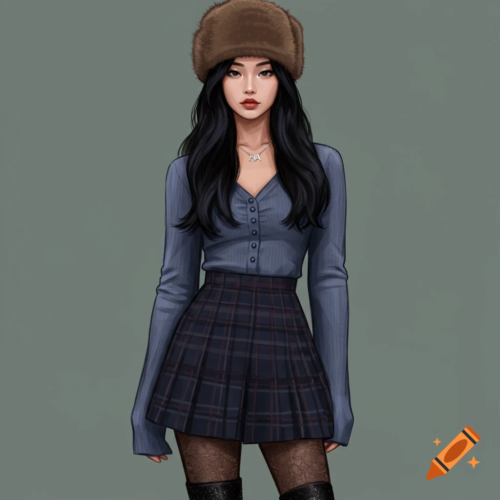 A woman in a fur hat, blue top, plaid skirt, and textured tights.