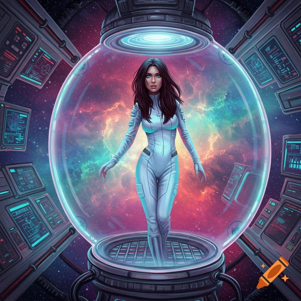 A woman in a white sci-fi suit stands in a glass vaccube in space.