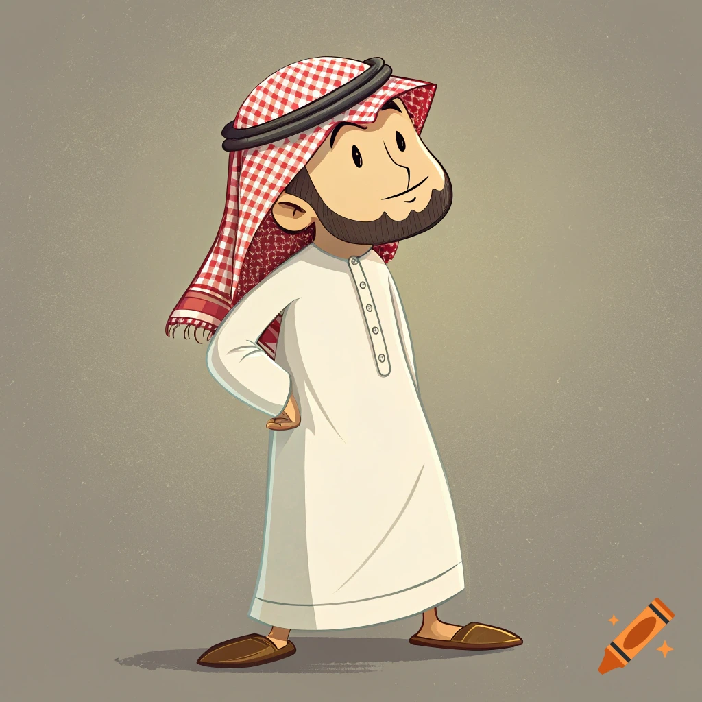 Cartoon Muslim man in ghutra and thawb, hands on hips