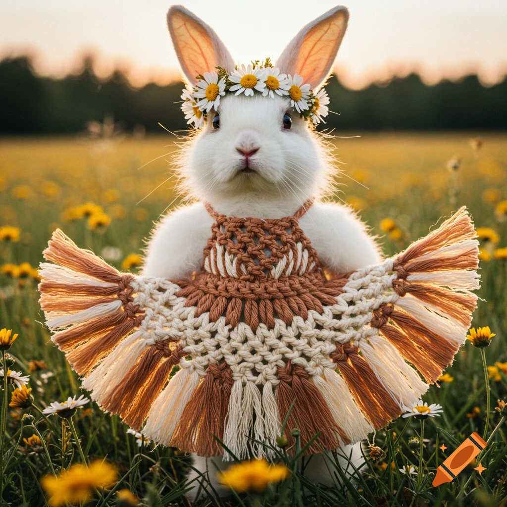 A white bunny wears a flower crown and a macrame dress in a field of yellow flowers.