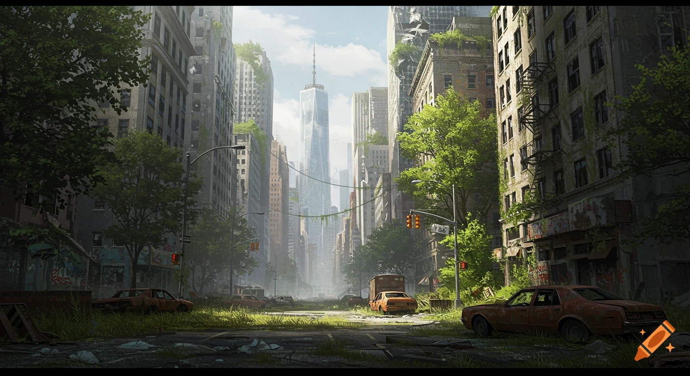 A post-apocalyptic city street with overgrown buildings and abandoned cars.