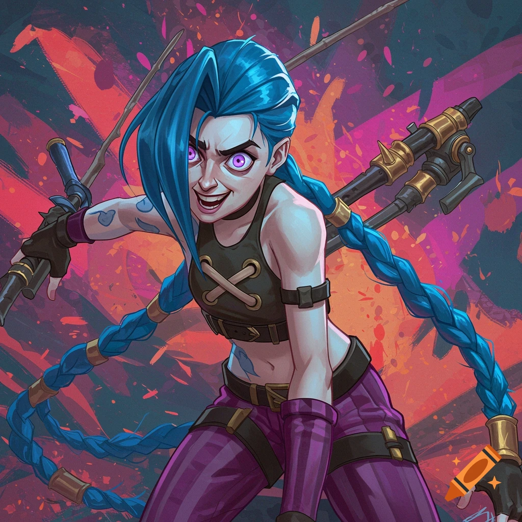 Jinx from Arcane in a dynamic pose with weapons