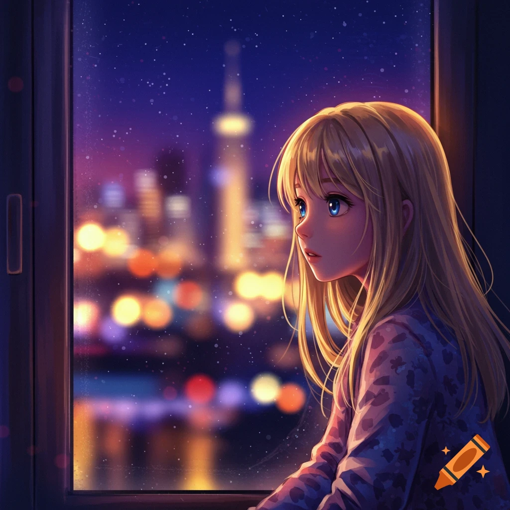 Blonde anime girl looks out a window at a blurry city lights at night.