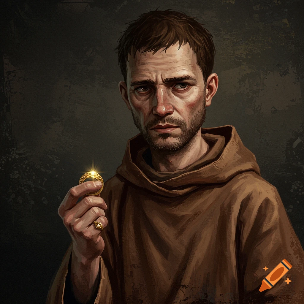 A man in a brown robe holding a golden ring.