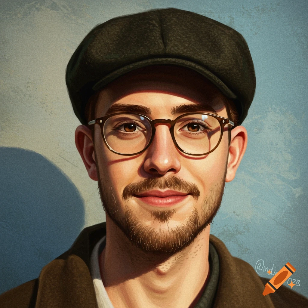 A young man with glasses, stubble, and a flat cap.