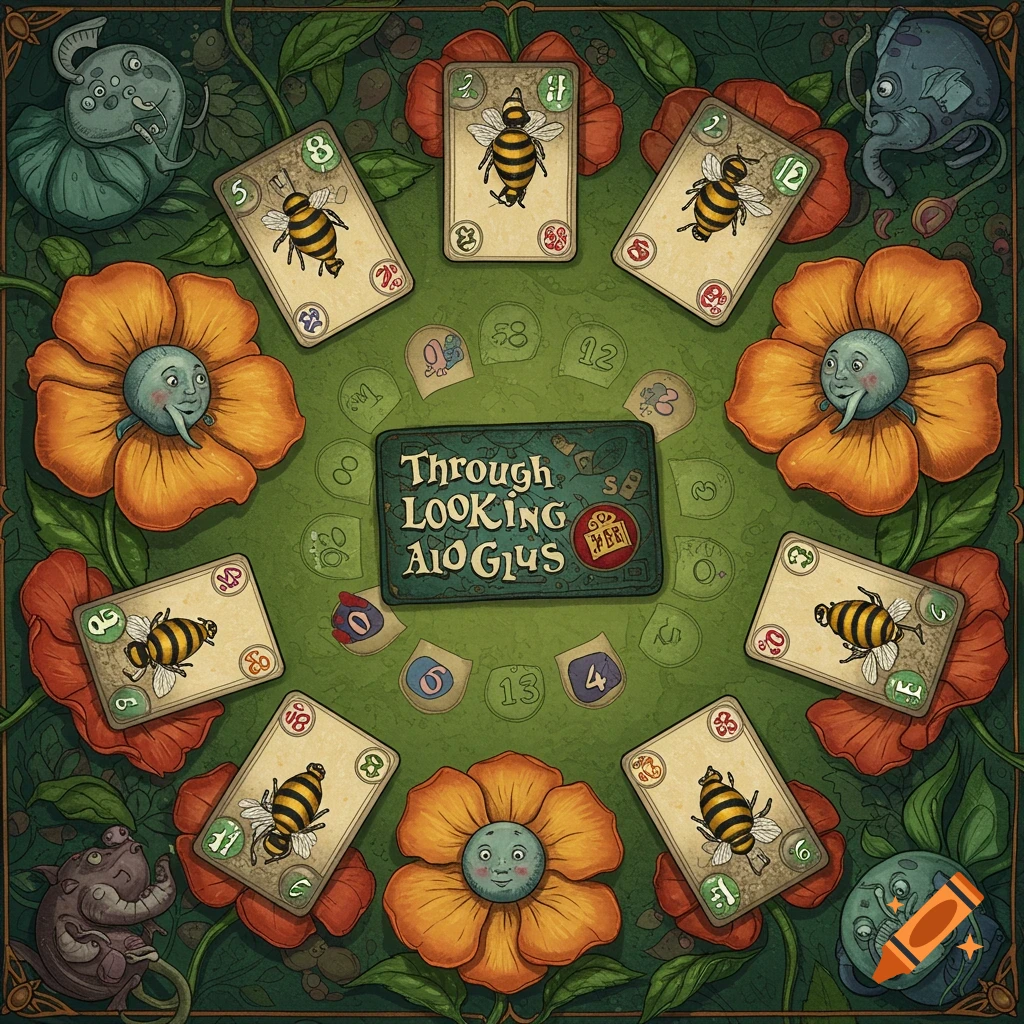 A round game board with bee cards, talking flowers, and creatures in a fantasy scene.
