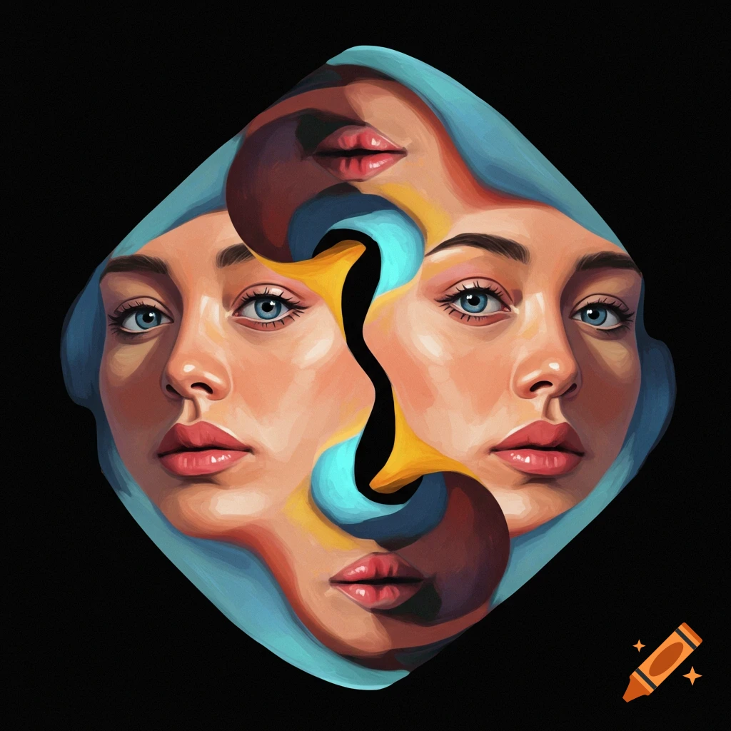 An optical illusion shows two merged faces with blue, yellow, and brown swirling shapes.
