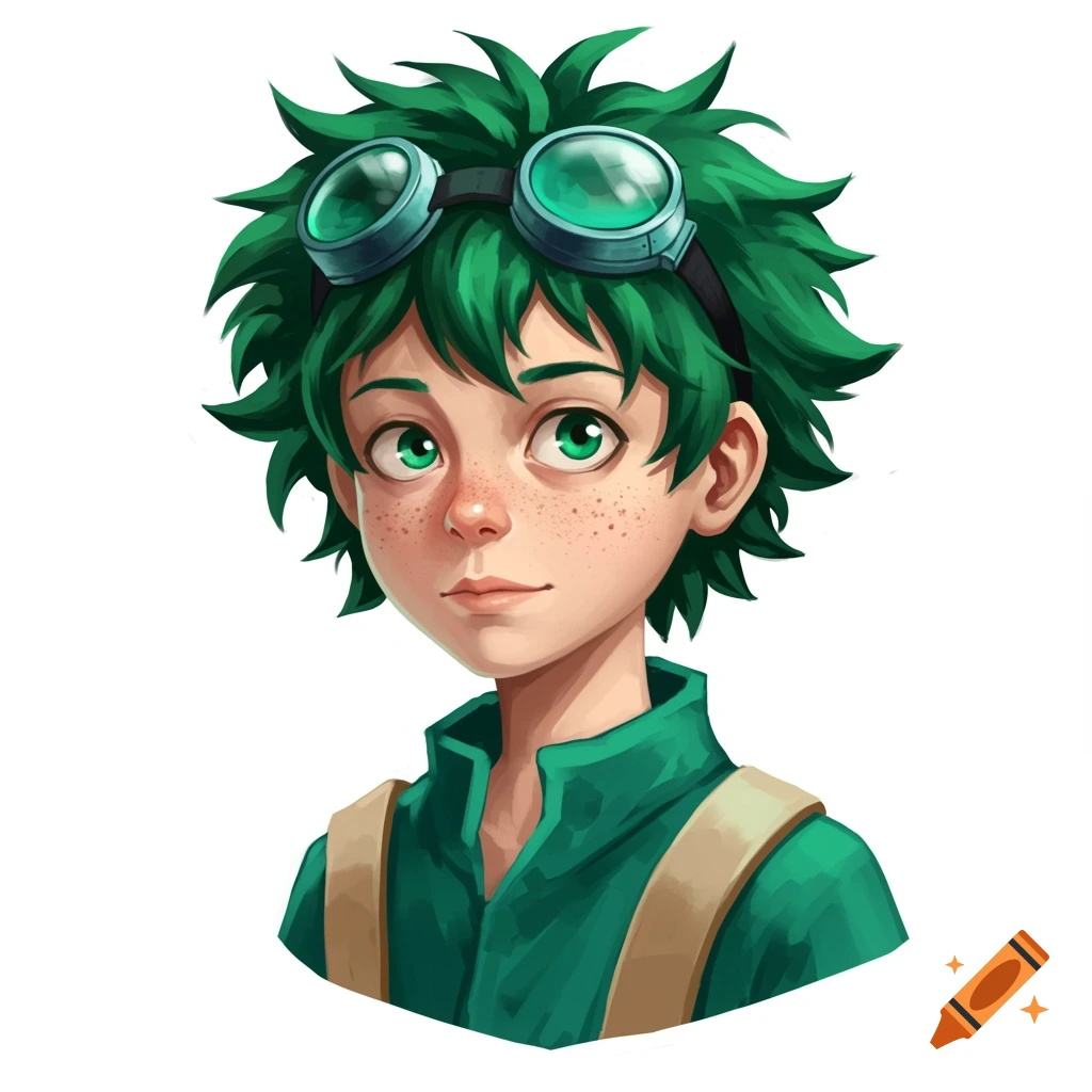 A boy with green spiky hair, goggles, and freckles, wearing a green shirt.