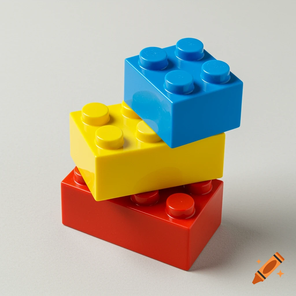 Stacked red, yellow, and blue LEGO bricks in a studio shot