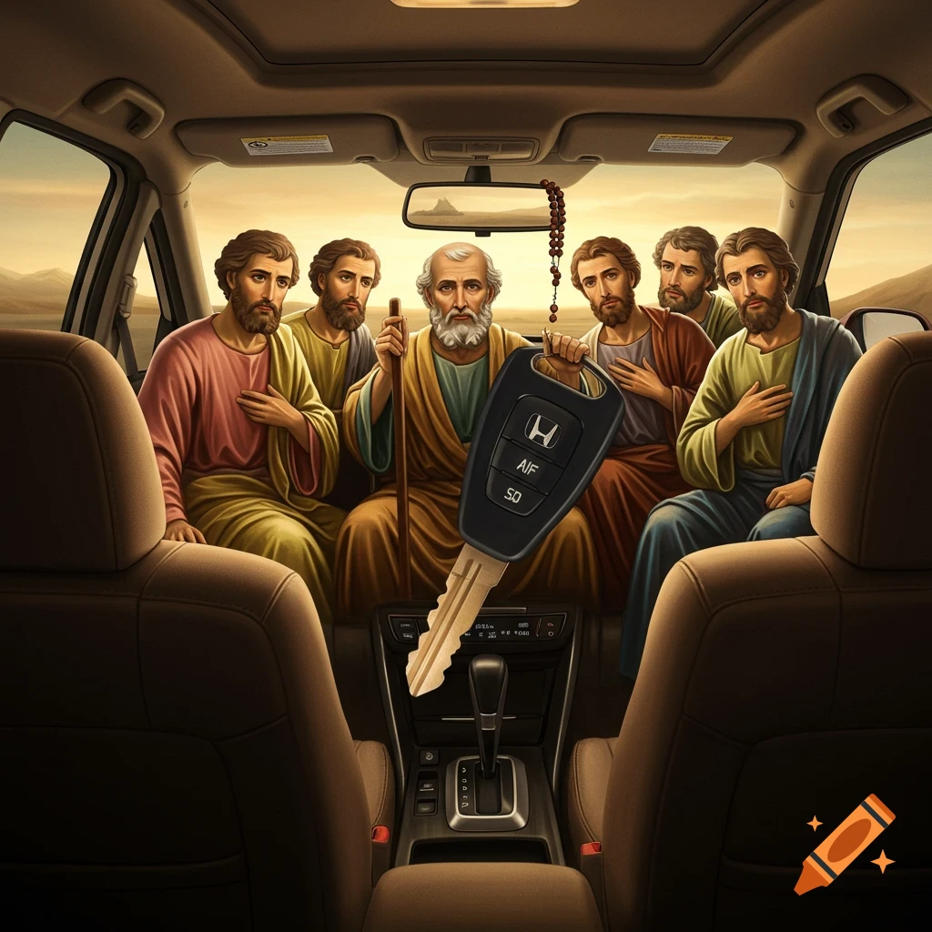 Biblical figures in a car, one holding a large car key.