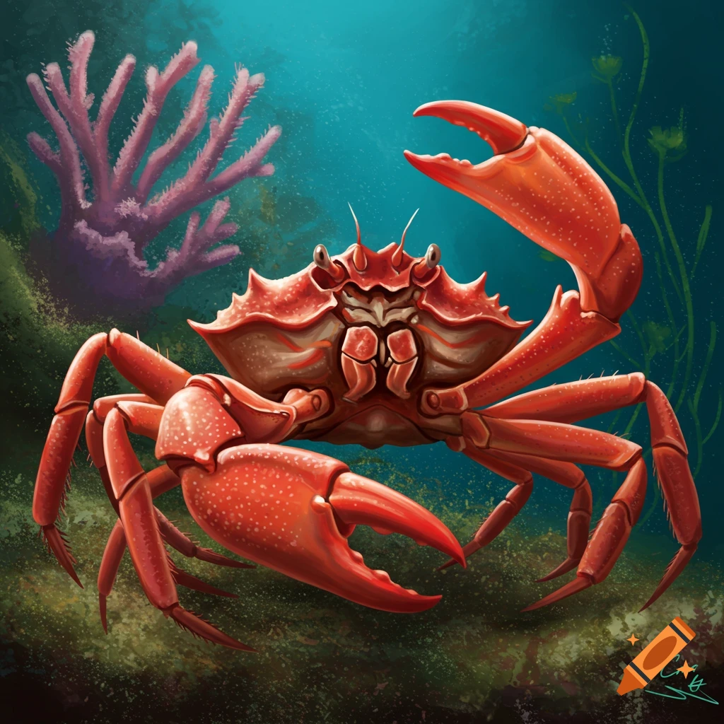 A red crab underwater with coral and plants.
