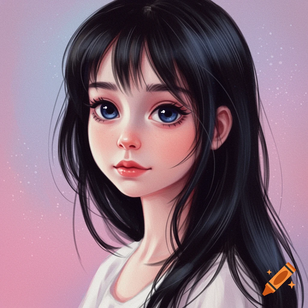 Anime portrait of a young girl with black hair and blue eyes against a pastel background.