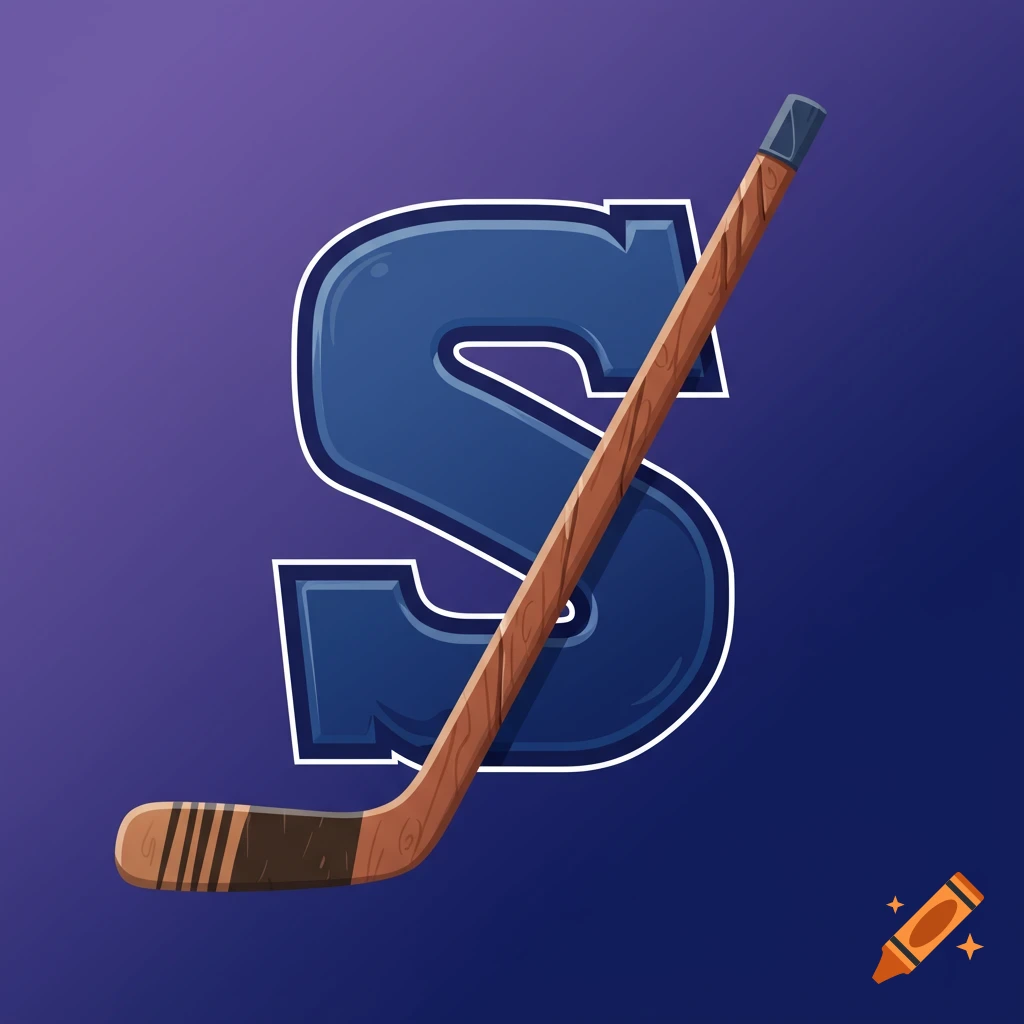 A large blue letter S with a hockey stick layered across it, on a purple to blue gradient background.