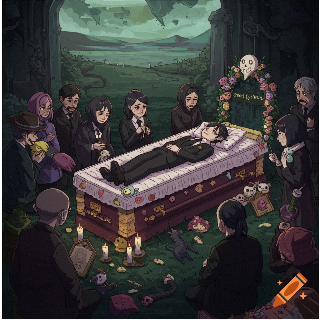 A group of mourners at a funeral around a coffin with strange creatures nearby.
