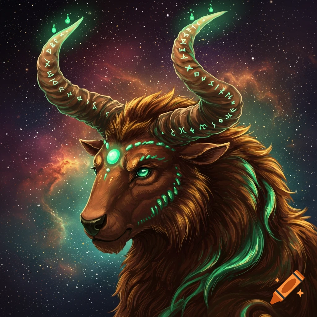 Fantasy bull creature with glowing green runes on horns and forehead, against a cosmic nebula background.