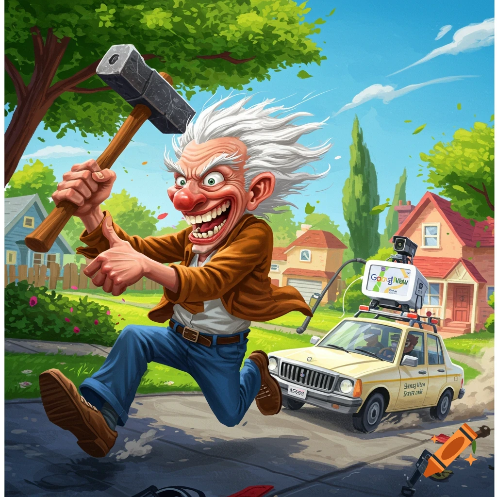 A cartoon old man with a hammer chases a Google Maps car down a suburban street.