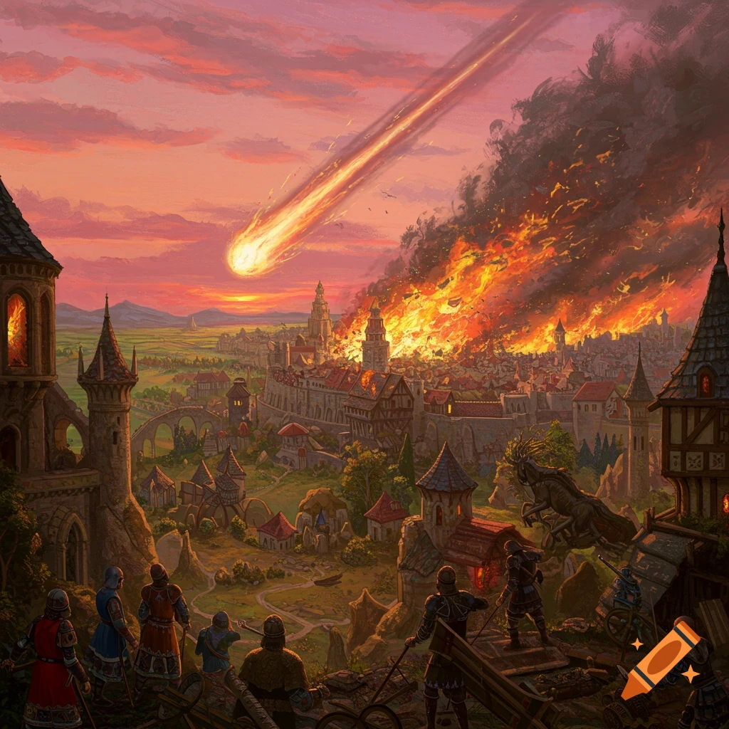 A medieval city is being destroyed by a comet strike