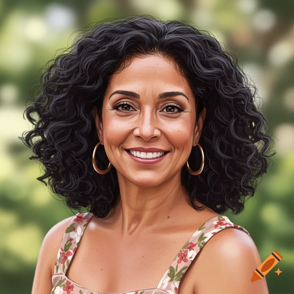A smiling woman with curly black hair and hoop earrings wearing a floral dress.