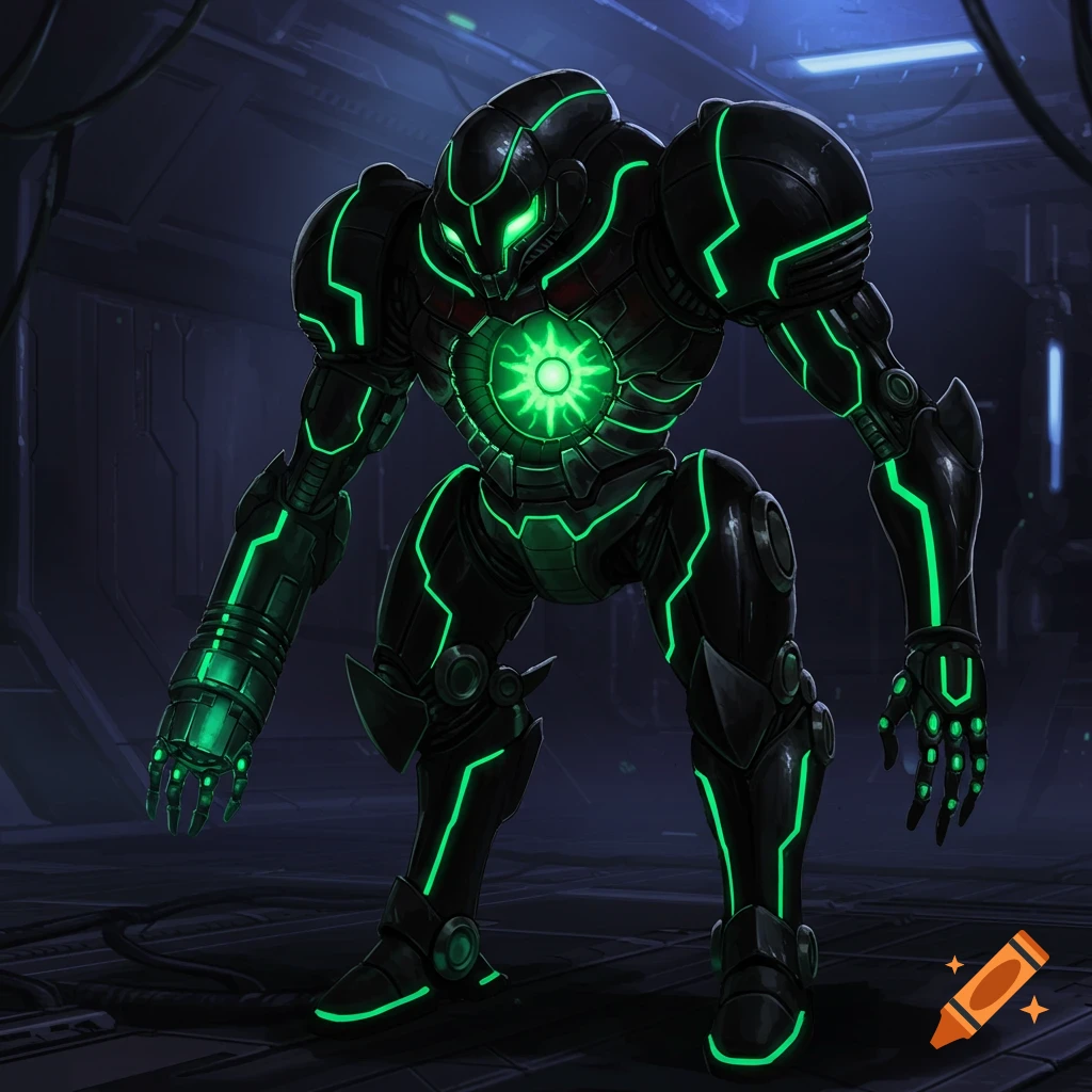 A black robotic suit with glowing green lines and a green power core in a dark, metallic room.