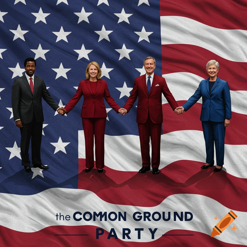 Four people holding hands before an American flag with the text 'the COMMON GROUND PARTY'.