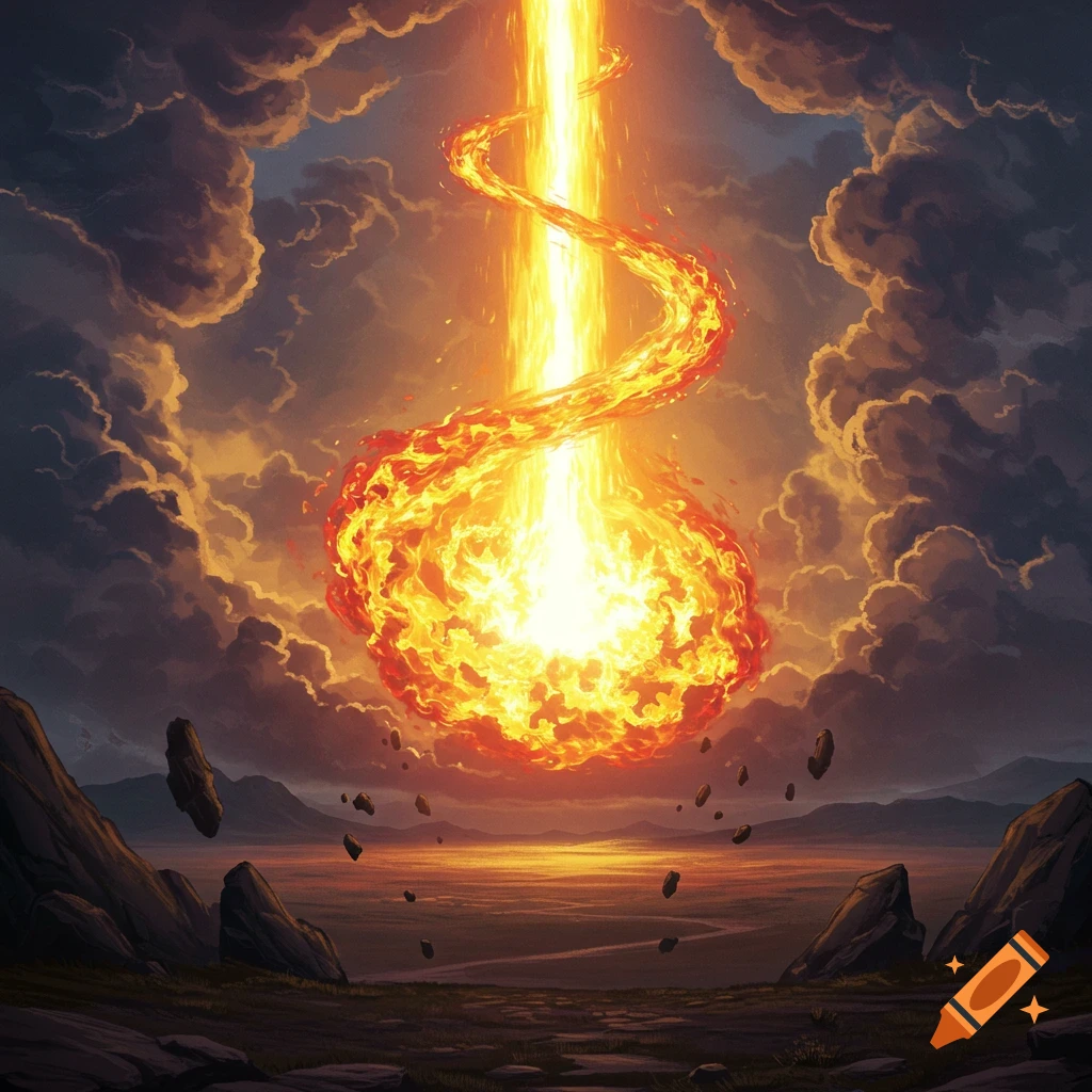 A bright fiery beam descends from stormy clouds onto a dark landscape.
