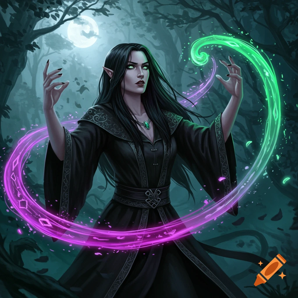 A witch casting glowing magic spells in a dark forest.