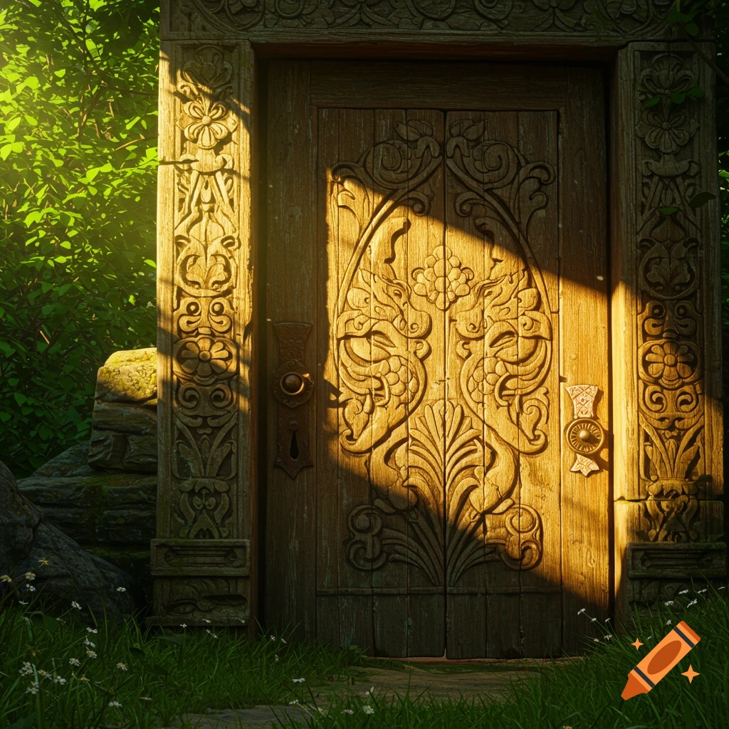 A detailed carved wooden door in a forest clearing, bathed in sunlight.