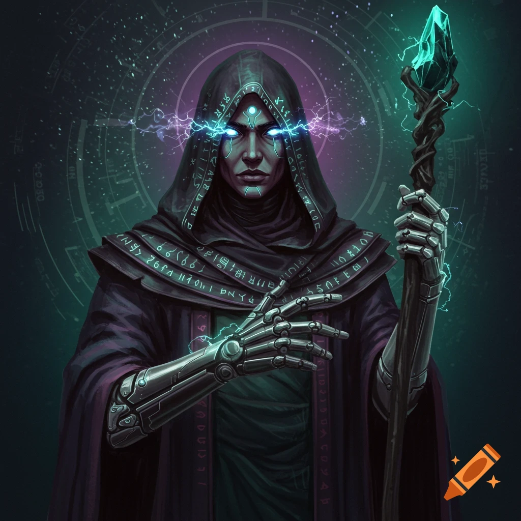 Hooded figure with glowing eyes and cybernetic arms holding staff, cosmic background.