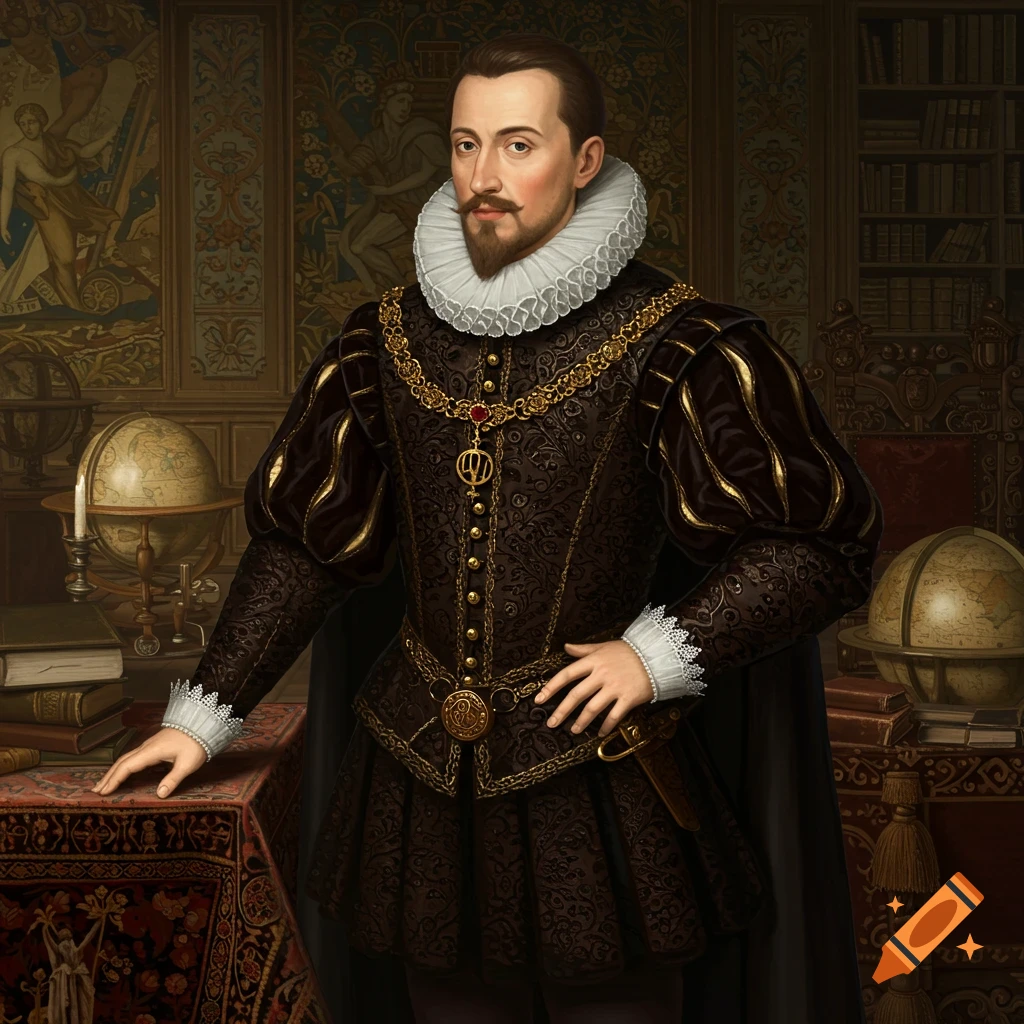 A man in 16th-century attire (ruff, doublet, chain) standing in a room with a globe and bookshelf.