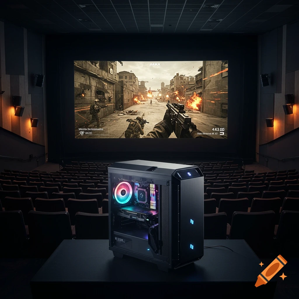 A gaming PC sits on a table in a cinema theater, displaying a video game on the large screen.