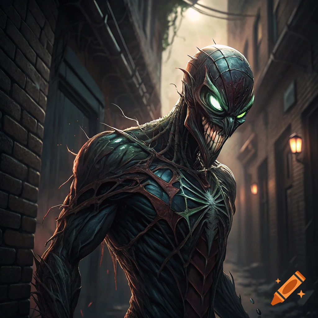 Monstrous dark creature with sharp teeth and glowing eyes in a dark alley.