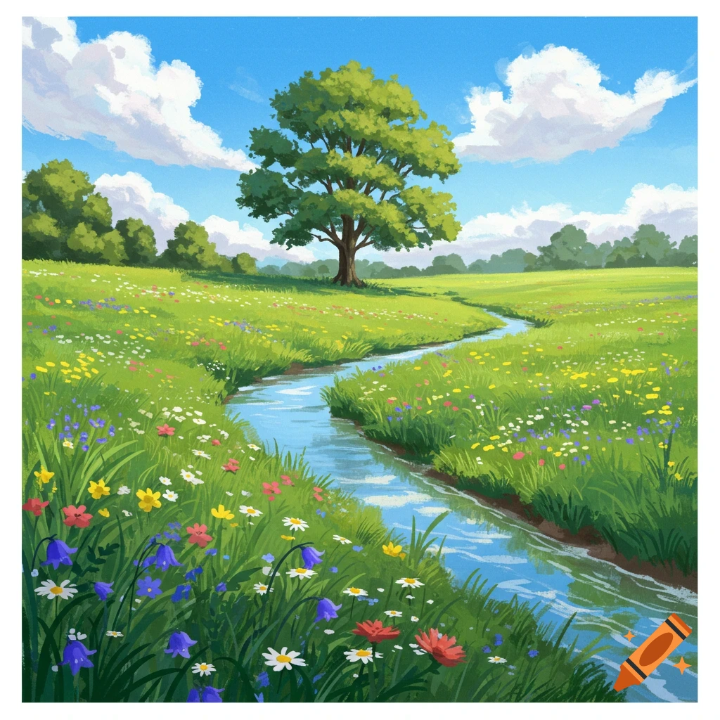 A lush green landscape with a winding stream, a large tree, and colorful wildflowers under a blue sky.