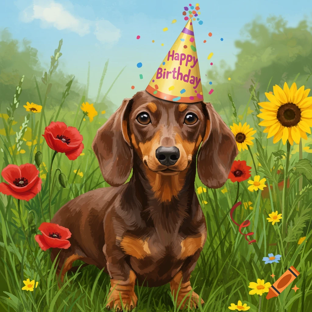 A brown dachshund dog wearing a yellow Happy Birthday party hat sits in a field of grass and flowers.