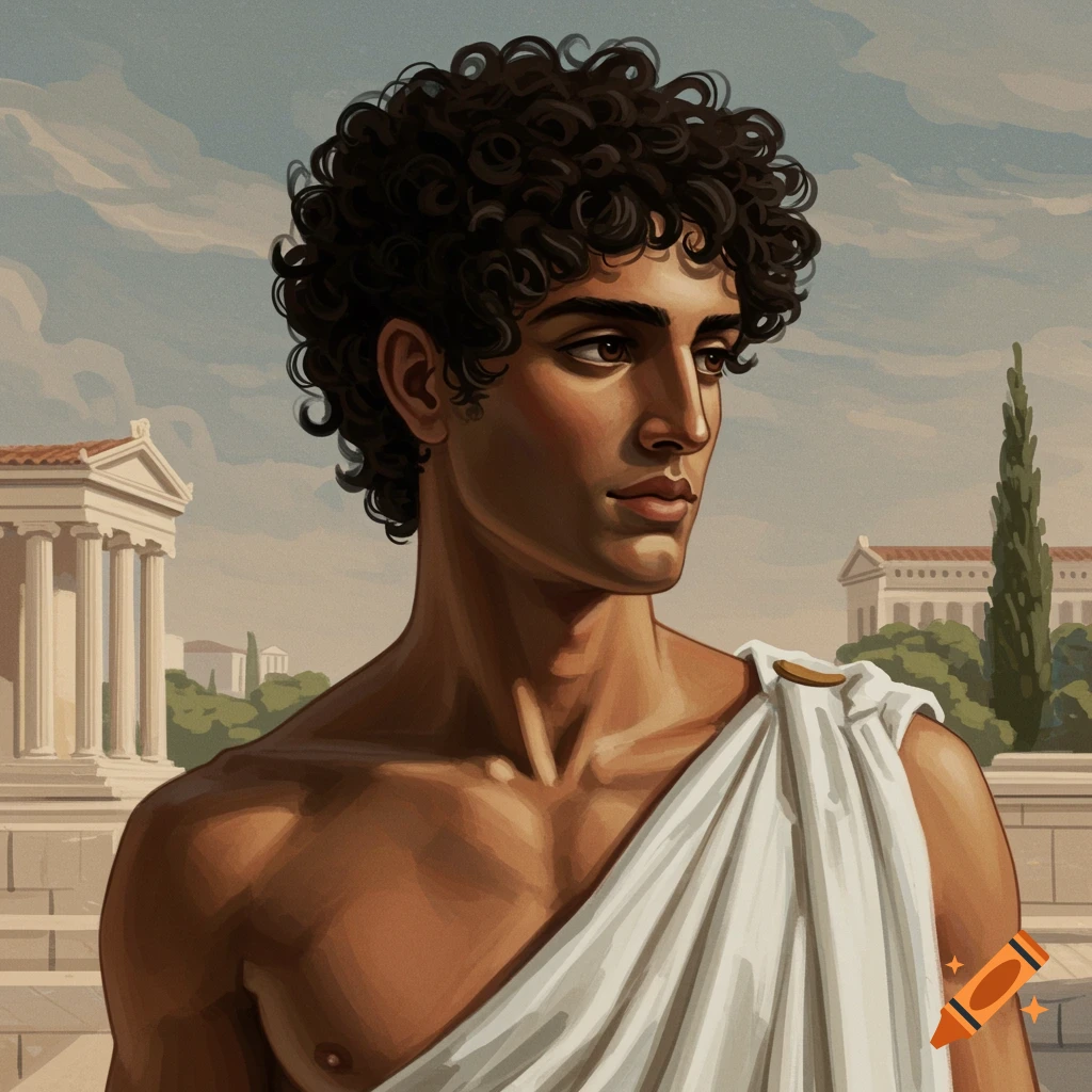 Portrait of a young man in a white chiton against an ancient Greek city background.