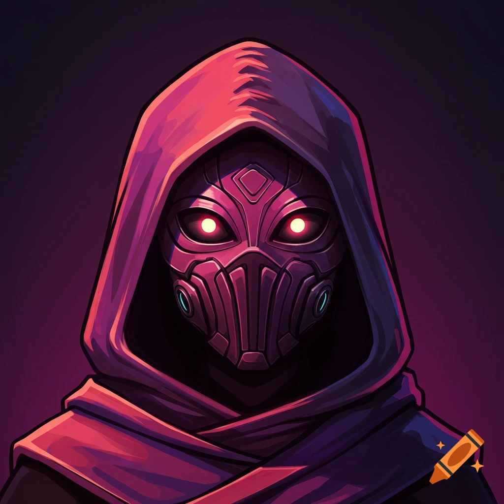 A masked character in a hood with glowing red eyes.