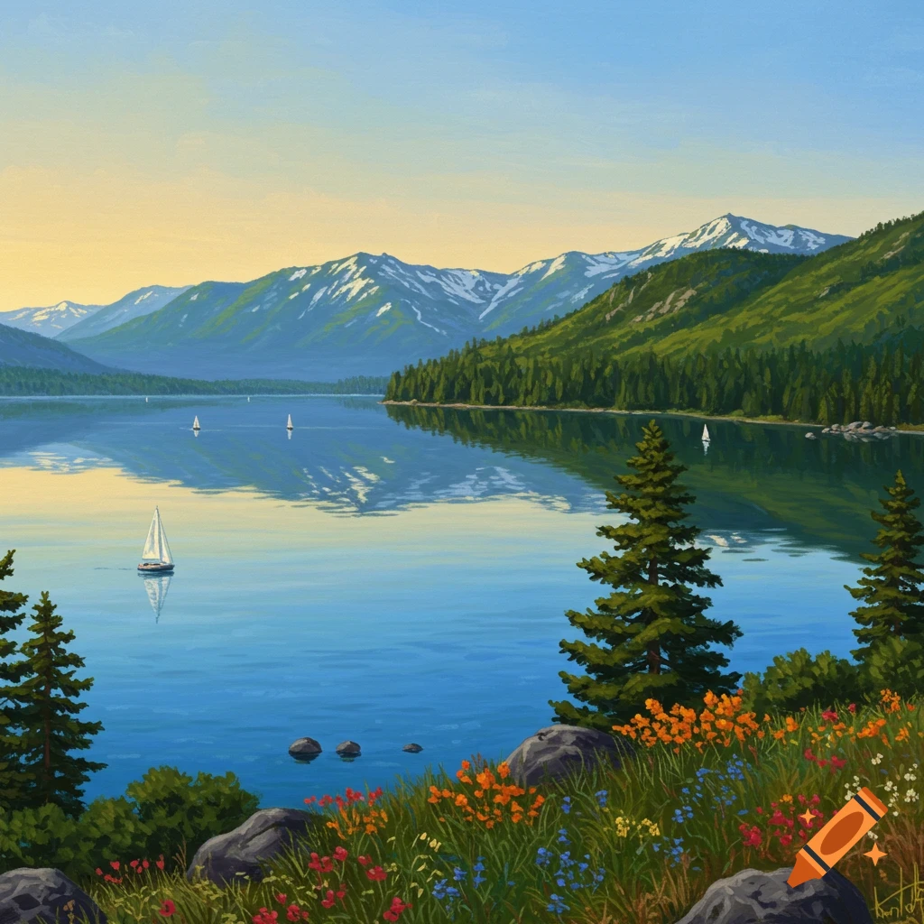 A mountain lake with sailboats, forest, and wildflowers in the foreground.