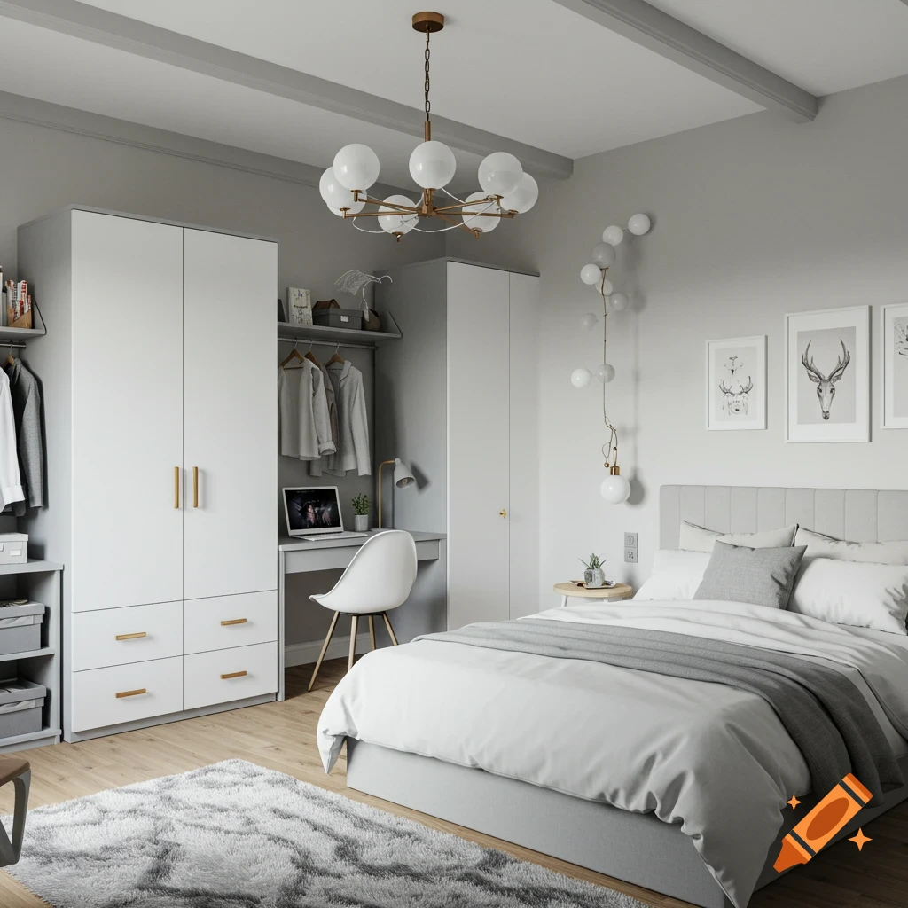 A modern bedroom with white bed, light gray headboard, desk, white wardrobe, and rug.